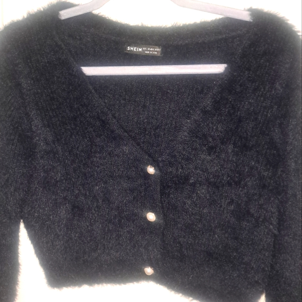SHEIN vintage pearl buttoned crop fluffy cardigan